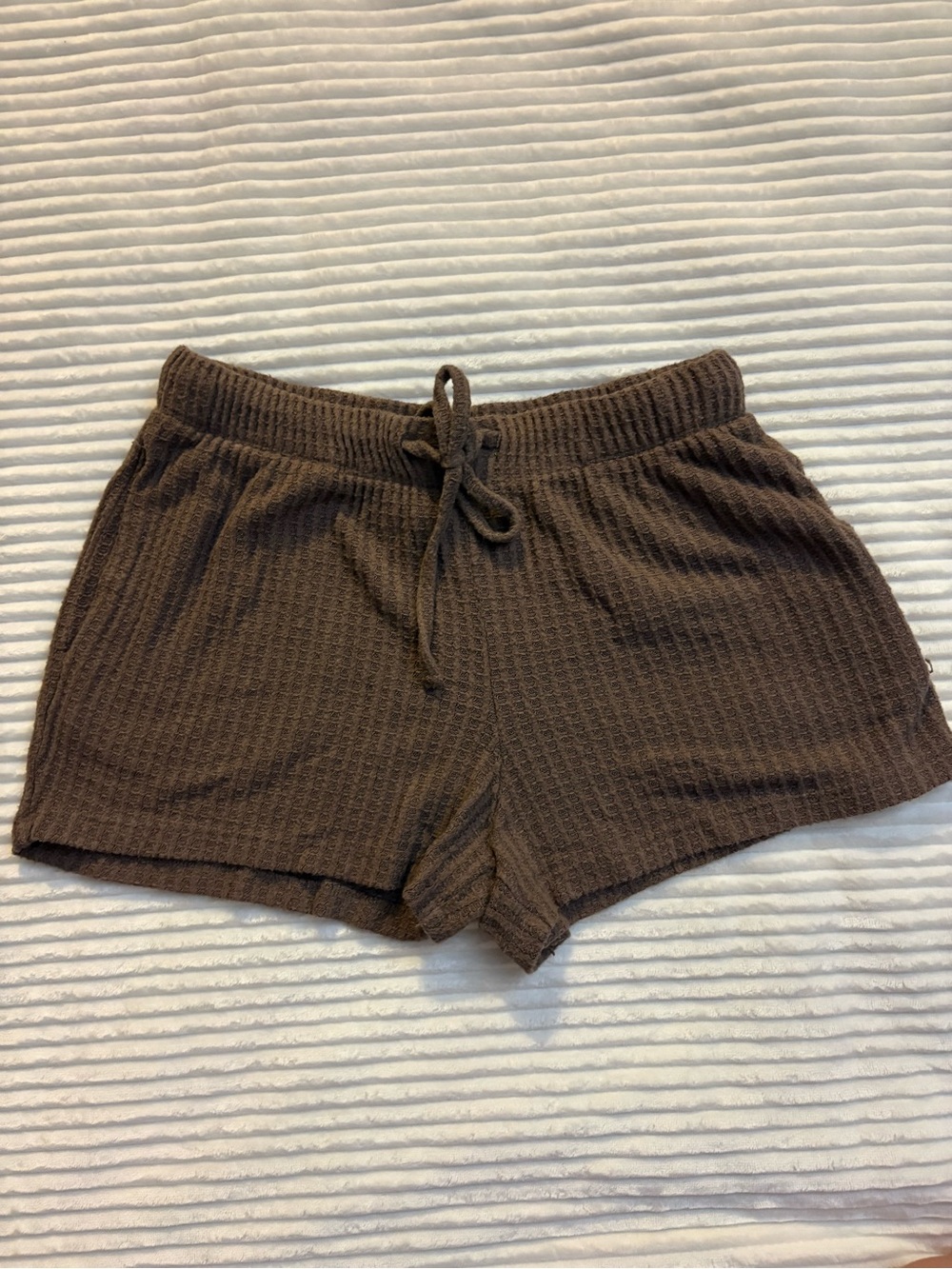 Women’s Brown Waffle-Knit Athletic Shorts with Drawstring